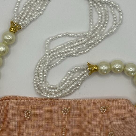 Embellished Peach Tone Indian Potli Bag, Intricate Beading, Faux Pearls - Picture 7 of 8